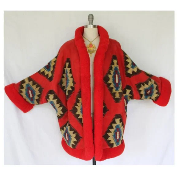Vintage Valentino Boutique Shearling leather suede Aztec Tribal jacket coat - Picture 11 of 13